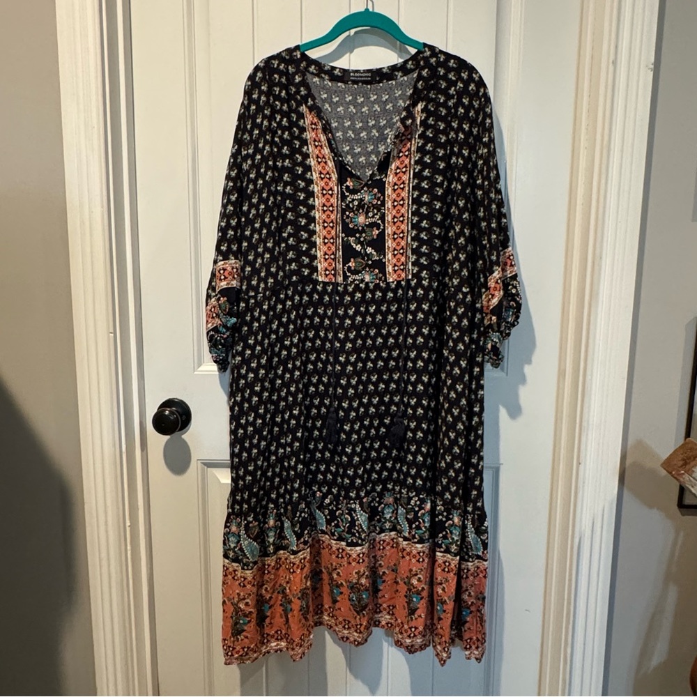 Bloomchic Bohemian Blue and Coral Dress with Pockets